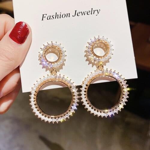 Shining Rhinestone Geometric Round Drop Earrings for Women Girls Fashion Pearl Crystal Dangle Earring Party Jewelry Gift Bijoux