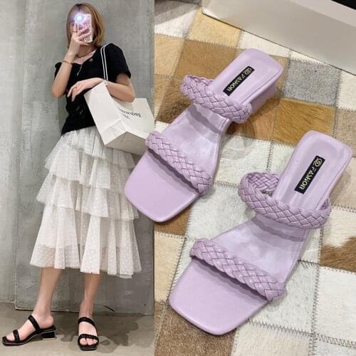 2021 New Square Heel Slides Shoes for Women Purple Heel Summer Beach Cross-tied Slippers Bohemian Female Shoes Zapatos De Mujer