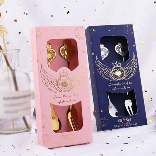 Light Luxury Small Spoon Crown Heart Shaped Coffee Spoon Fork Set Fruit Fork With Hand Gift Titanium Gold Leaves Spoon Fork