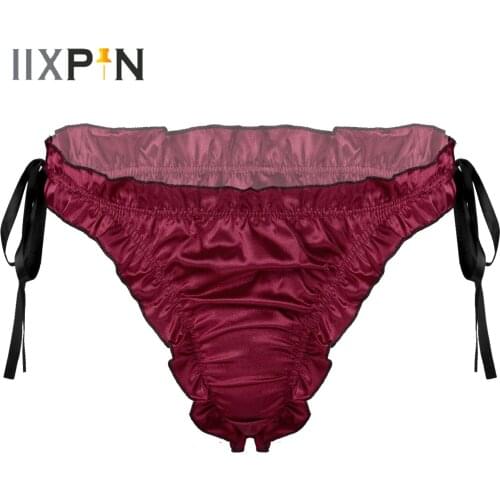 Mens Erotic Lingerie Sissy Gay Briefs Lace-up Pleated Trim Ruffles Underpants Bottom Low Rise Elastic Waistband Satin Panties