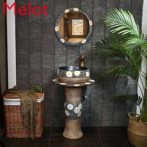 Retro Outdoor Art Column Basin in Chinese Antique Style Ceramic Washbasin Basin Vertical Wash Basin Integrated Column Basin