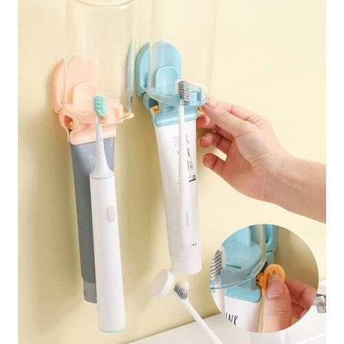 Toothpaste Squeezer with Toothbrush Holder Cup Holder Function Punch-free Wall-mounted 3 in 1 Rotate Rolling Dispenser
