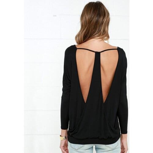 Women Blouse Fashion Sexy V Open Back Long Sleeve Bottoming Blouse Spring Autumn Women Solid Casual V-neck Tops