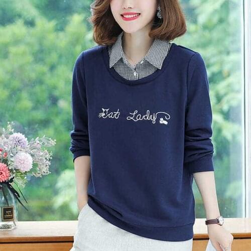 2021 New Autumn Spring 100% Cotton Turndown Collar Long Sleeve womens t shirt Fashion Korean Style Character Oversized t-shirt