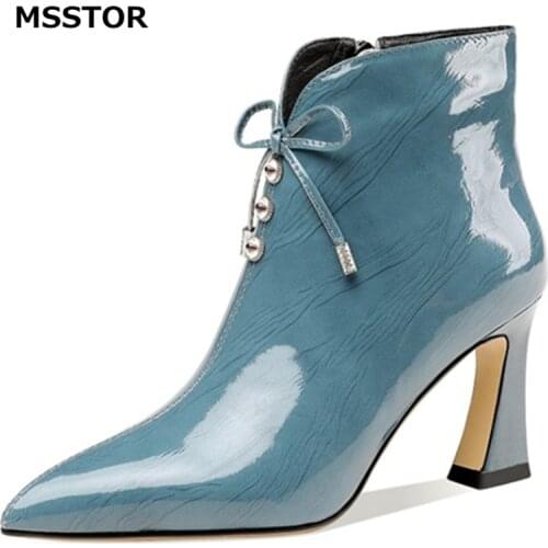 Hoof Heels Women Winter Boots Zipper Rivet Butterfly-knot Sewing Ankle Boots Women Pointed Toe Party Ladies Winter Shoes Sexy