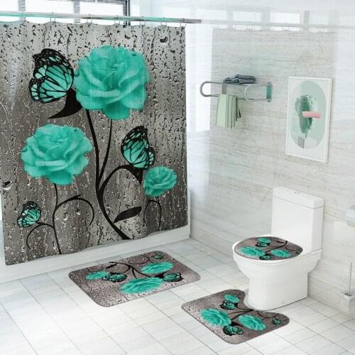 180*180cm Green Rose Shower Curtains Bathroom Set Water Drop Flower Print Bath Curtain Non-slip Mat Toilet Cover Rug Home Decor