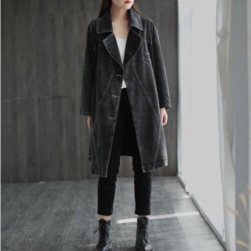 2020 New Spring Autumn Mid-length Long-sleeved Jeans Trench Coats Women Retro Loose Plus Size Denim Windbreaker Coat Black b714