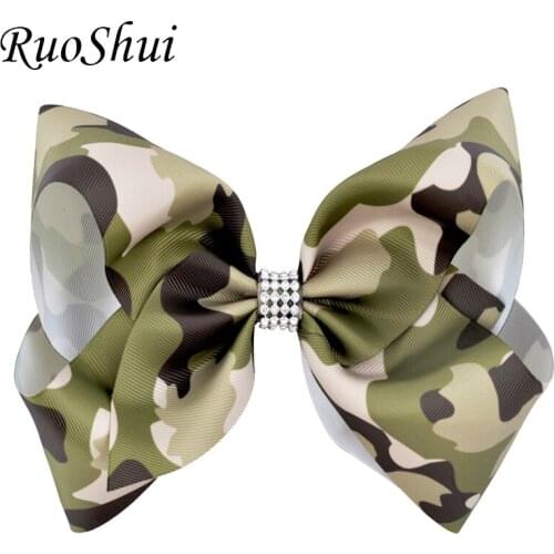 6 Color 8 Inch Girls Large Camouflage Rainbow Grosgrain Ribbon Hair Bow Luxury Rhinestone Hair Clips Women Hair Accessories