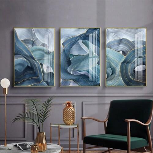 Nordic Style Abstract Color Canvas Painting Blue Golden Foil Painting Wall Art for Living Room Watercolor Painting Wall Posters