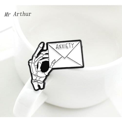 ANXIETY White Envelope Enamel Pin Skeleton Hand Brooch Backpack Clothes Lapel Sample Punk Jewelry Gift for Friends