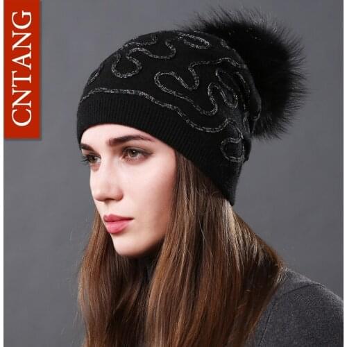 CNTANG 2020 Fashion Silver Coarse Thread Winter Hat Raccoon Pompom Hats Made Of Natural Fur Beanies Women Knitted Warm Wool Caps