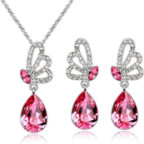 Cheap silver plated butterfly crystal jewelry set bijouterie
