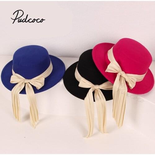 Kids Long Cloth Bowknot Woolen Hat Retro Beanies Bucket Hat, Solid Color Fisherman Cap for Autumn Winter For 4-6Years 8Colors