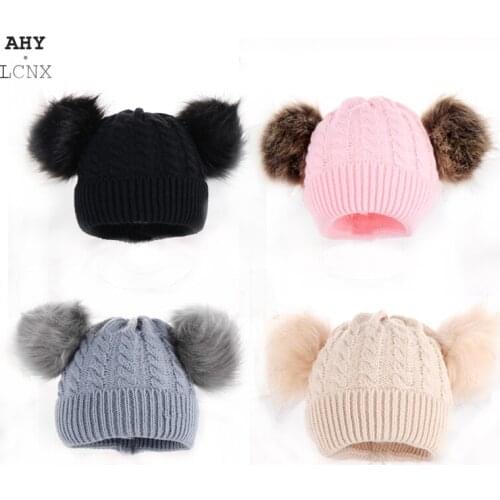 Childrens winter Warm Hat kids earflap cap baby faux fur wool hats infant newborn beanie pompom for boys girls 0-2 Years