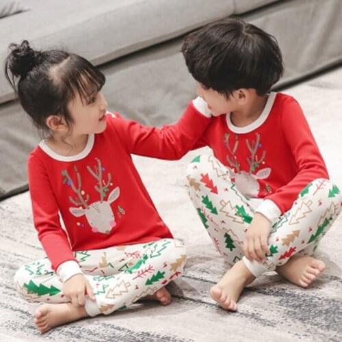 100% Cotton Christmas Pajamas Sets Girls Boys 2 Pieces Suit Pyjamas Kids T-shirt Pants Cartoon Sleepwears For 3 4 6 8 10 12Years