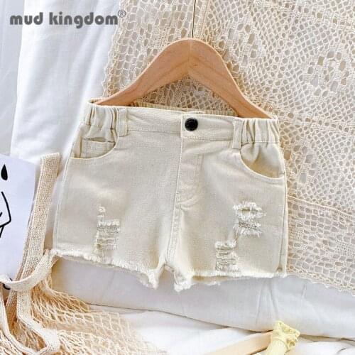 Mudkingdom Jeans Shorts Girls Solid Ripped Buckle Slant Pocket Edging Elastic Waist Denim Pants for Toddler Summer Clothes
