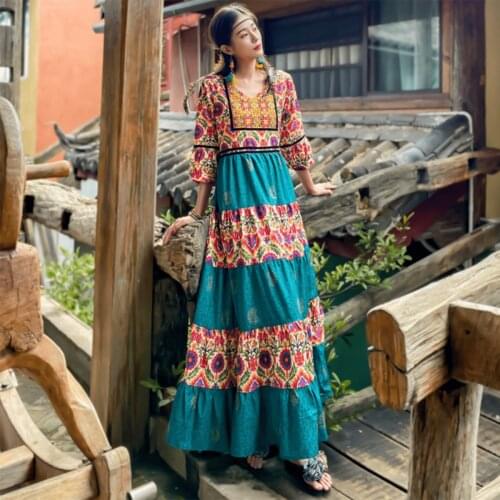Jastie Hippie Chic Contrast Print Embroidered Dress V-Neck Long Sleeve Bohemian Ethnic Holiday Dresses Long Vestidos 2021 Fall