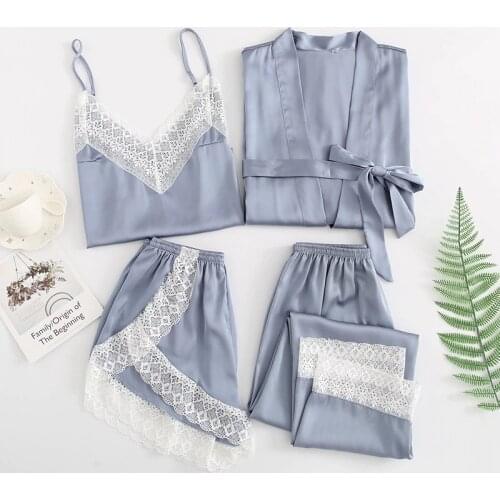 Women 5PCS Sleepwear Sexy Robe Kimono Gown Spring Summer Nightwear Casual Bathrobe Silky Satin Sleep Set Home Clothes Negligee