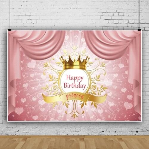 Laeacco Pink Curtain Princess Happy Birthday Baby Portriat Customized Gold Crown Photography Background Banner Photo Backdrops