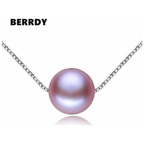 REAL PEARL 925 Silver Necklace 3 Color Fashion Freshwater Pearl Pendant with 925 Silver Box Chain, 8-9/9-10mm Big Round Pearl