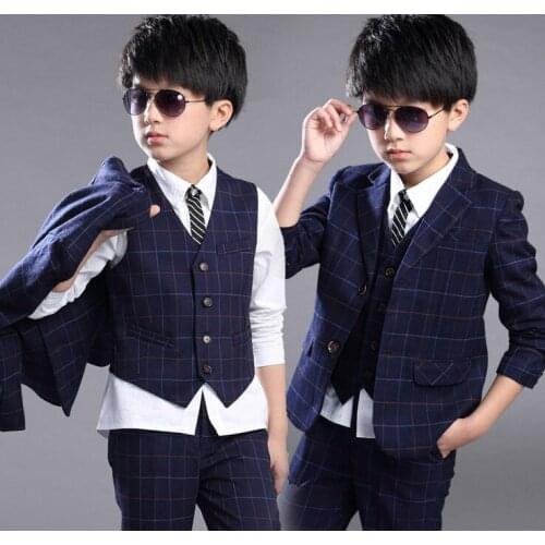 New Big Boy Clothes Sets Plaid Blazer Coat+Pants+Vest+white shirt 4 piece Suit Outfit Kids Children Clothing For Wedding Party