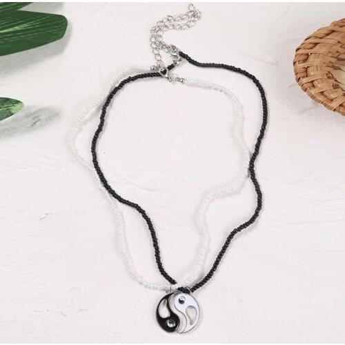 2 Pcs/Set Trendy Black White Beaded Necklaces For Women Fashion Ethnic Enamel Hollow Yin & Yang Pendant Necklace Friends Jewelry