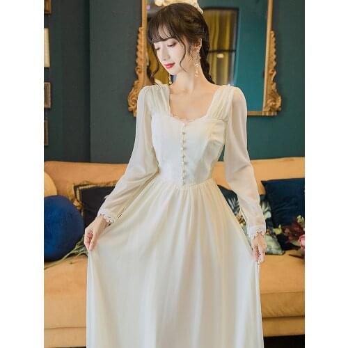 Beige Long Dress for Women 2021 Vintage Beading Square Collar With Lace Fairy Princess Dresses Elegant Lady Robe Vestido Branco