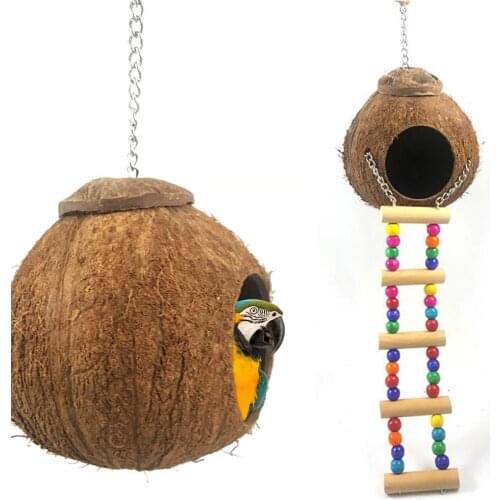 Hanging Coconut Bird House with Ladder Natural Coconut Shell Bird Nest for Parrot Lovebird Finch Canary Bird Swing Toys Cage