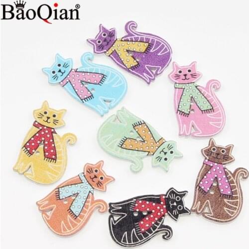 50Pcs Mixed Cat Wood Sewing Buttons For Kids Clothes Scrapbooking Decorative Crafts Botones Needlework DIY Accessories 20x30mm