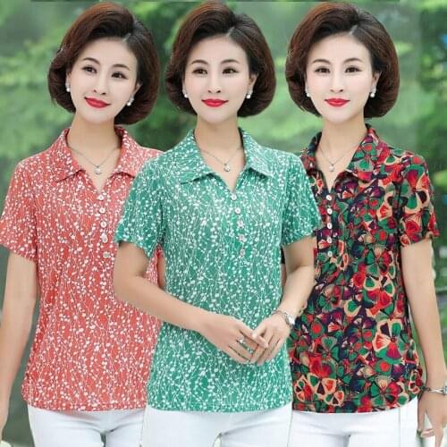 Plus Size 5XL Middle-aged Mother Summer Short-sleeve Blouse Women Fashion Flower Print Lapel Casual Shirt Top Female Lu1950
