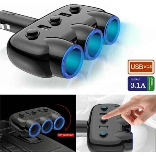 12V Dual USB Car Charger Adapter Socket Splitter 3 Way Car Cigarette Lighter USB Adapter for Smart Mobile Phones Car Accessories