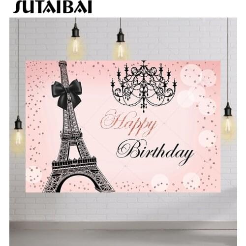 Pink Backdrop Girl Birthday Pairs Backdrop for Photography Eiffel Tower Birthday Party Cake Table Decor Background Photo Studio