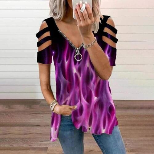 V Neck Zipprt Short Sleeve Top Summer Sexy Women Printed Hollow Out T Shirt Fashion Loose Off Shoulder Casual Plus Size Shirts