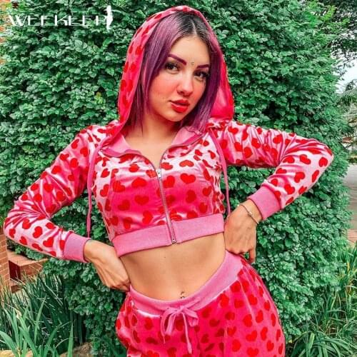 Weekeek Pink y2k Jackets Women Cute Hoodies Velvet Kawaii Heart Cropped Sweatshirts Autumn Outerwear Zip Up Streetwear Harajuku