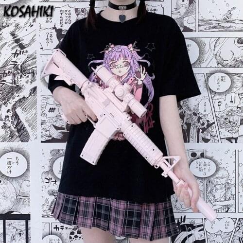 KOSAHIKI Harajuku Style Japanese Cartoon Girl Print Short Sleeve T-shirt Women 2021 Summer O-Neck Pullovers Sweet Tops Tee
