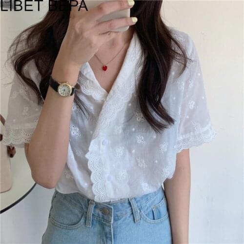 New 2021 Spring Summer Womens Blouse Sweet Embroidery Cutout Korean Style Elegant Oversize Vintage Shirt Wild Lady Tops BL9061