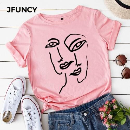 JFUNCY Summer Cotton Women T-shirts Human Face Art Print T Shirt 5XL Plus Size Casual Mujer Tshirt Harajuku Female Tees Tops