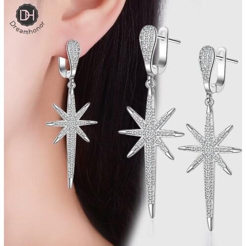Dreamhonor Wholesale Women Stud Earrings Sterling Silver 925 Full Zirconia Six Point Star Tassel Earrings Jewelry 2021