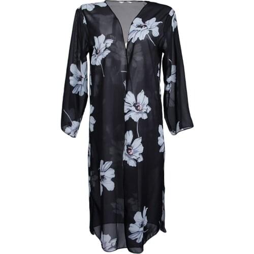 Womens Floral Printed Long Chiffon Cardigan Kimono Sleeves Bikini Cover Up Black