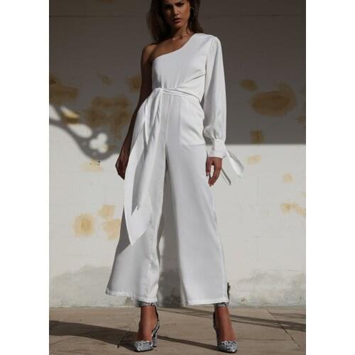 STYLISH LADY Elegant White Wide Leg Rompers and Jumpsuits 2020 Summer Women One Shoulder Bodycon Club Party Office Lady Overalls