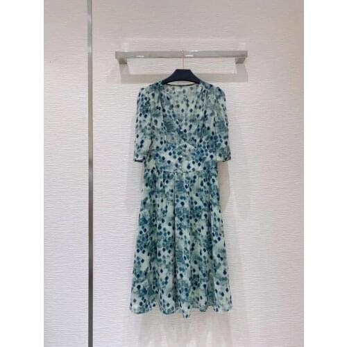 2021 New Womens Autumn Runway Dot Print Dress V-Neck Short Sleeves Empire A-Line Ladies Hot Sale Midi Dresses