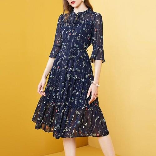 Womens dress summer flower print ruffled chiffon dress women casual all-match office work thin long tight tunic dress belt robe