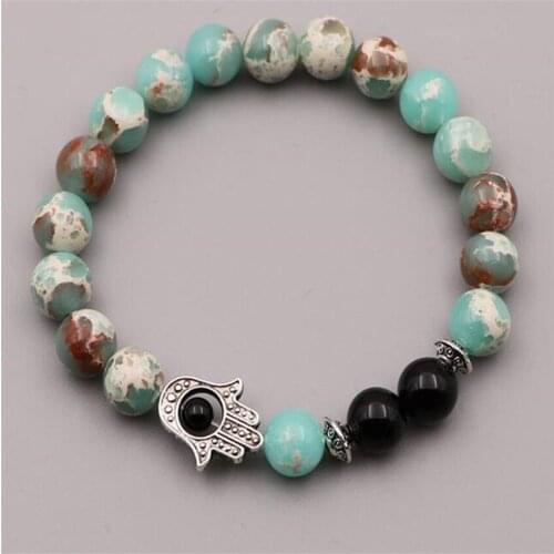 8mmFlower Jasper Black Onyx mala Bracelet 7.5 inches Spirituality Wrist Cuff Bead Lucky Energy Yoga Chakras Stretchy