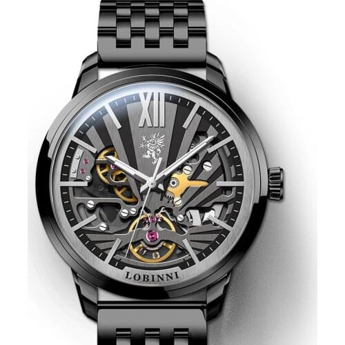 LOBINNI automatic watches for mens,luxury mens wrist watch black mechanical wristwatches skeleton Switzerland clock sapphire