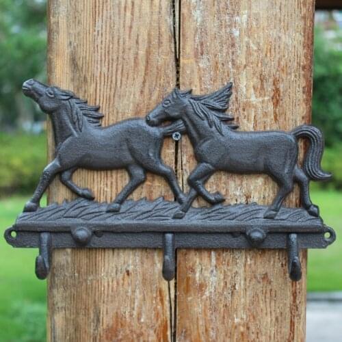 Black Two Running Horses Cast Iron Wall Hook With Three Hangers European Home Garden Wall Decor Metal Animal Figurine Wall Hook