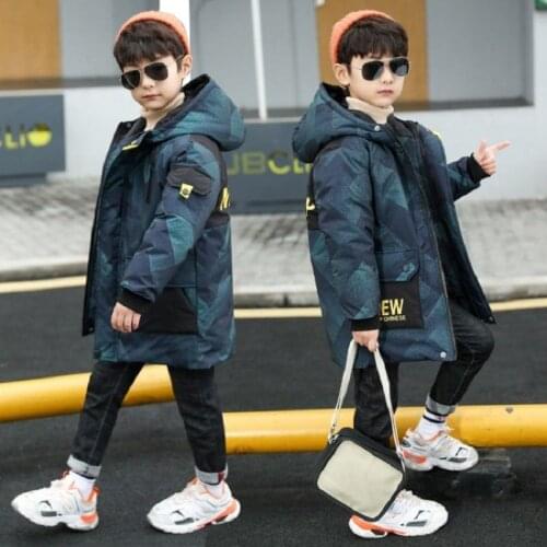 Childrens Clothing Winter Long Camouflage Warm Coat Print Casual Plus Velvet Hooded Windbreaker Jacket For Boys 4-14 Years Old