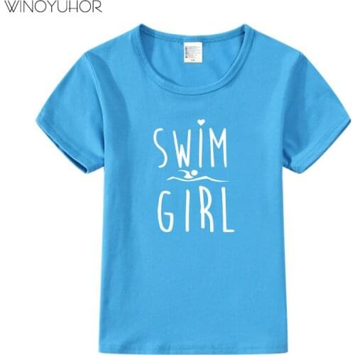 Swim Girl Funny Print T Shirts Baby Kids Summer Short Sleeve T-shirt Cotton Love Swimming Swimmer Gift Clothing Children