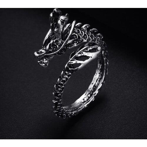 Trendy Vintage Dragon Antique Silver Plated Punk Hiphop Rock Style Resizable Rings for Women Girl & Man Retro Party Jewelry