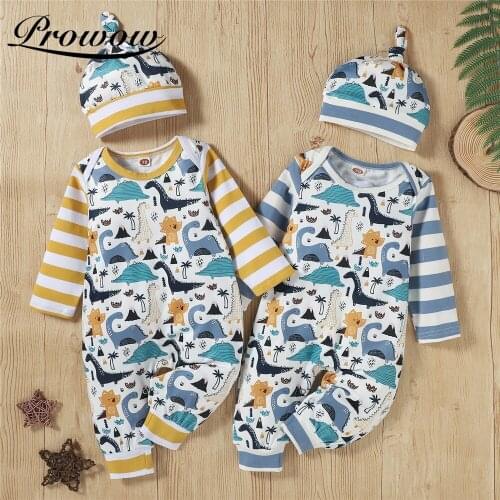 Prowow 2 Pcs Cartoon Dinosaur Baby Boys Clothes Autumn Winter Newborns Jumpsuit For Kids Boys Clothing Patchwork Babys Rompers