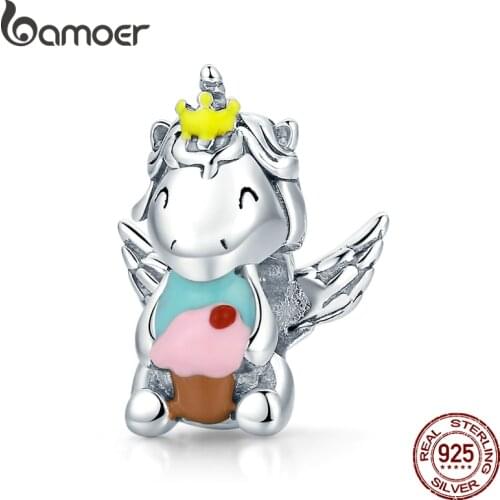 Bamoer Dream Pony 925 Sterling Silver Cake Dessert Charm Flying Pony Charm Pendant for Original Bracelet Women Jewelry SCC1872